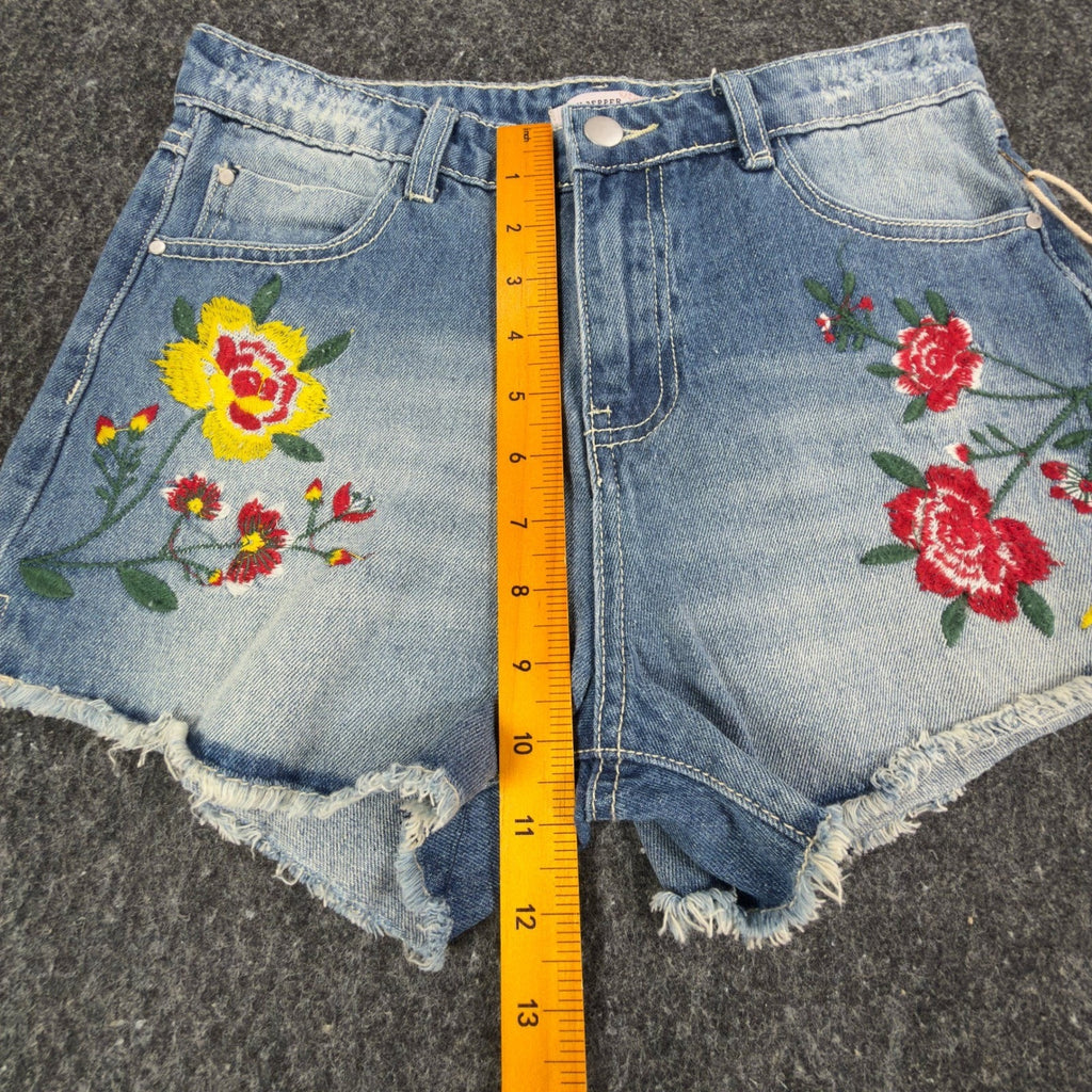 Blu Pepper Modern Floral Embroidered Denim Shorts Womens S Blue NWT