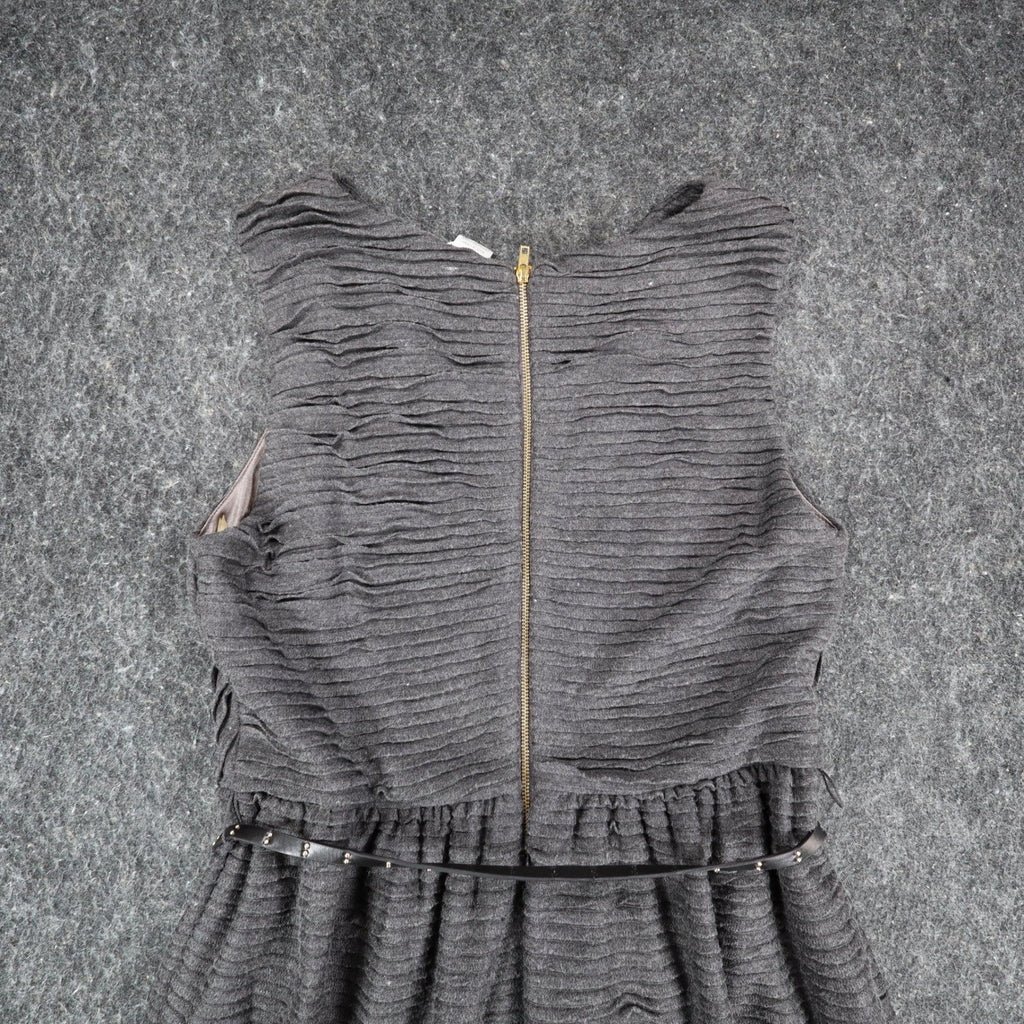 Esley Dress Womens Medium Gray Textured Pleated Sleeveless Belted Fit Flare New