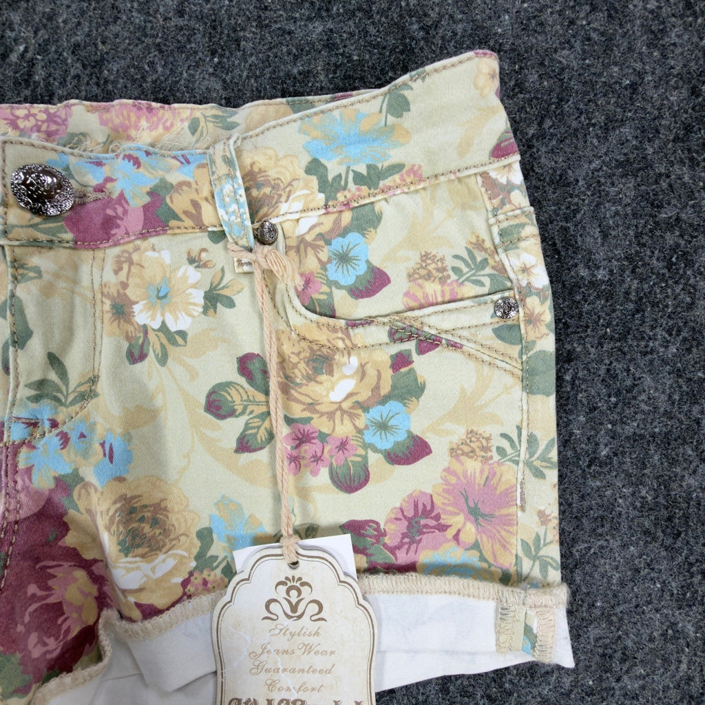 Grace in LA Modern Floral Denim Shorts Juniors 7/27 Yellow NWT