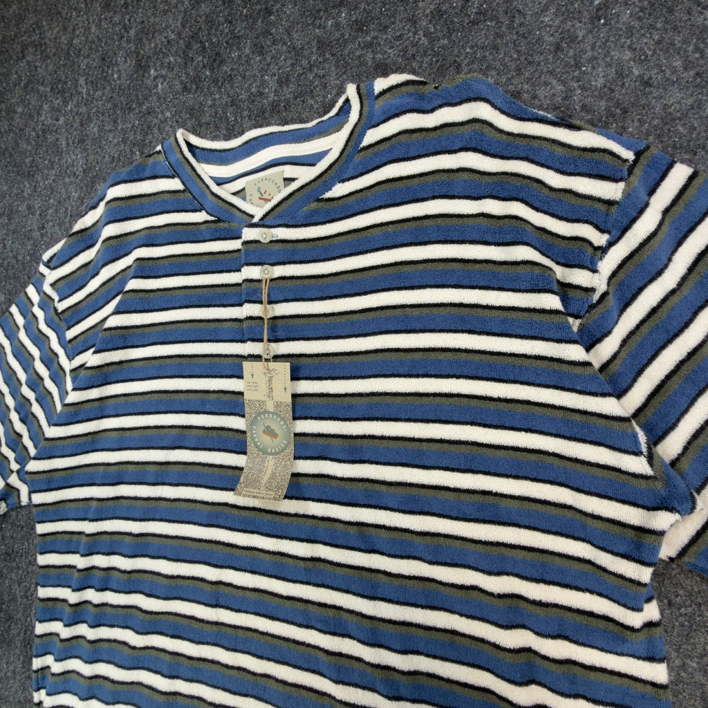 Ferruche Henley Shirt Mens Large Vintage 90s Indigo Blue Striped Cotton Terry