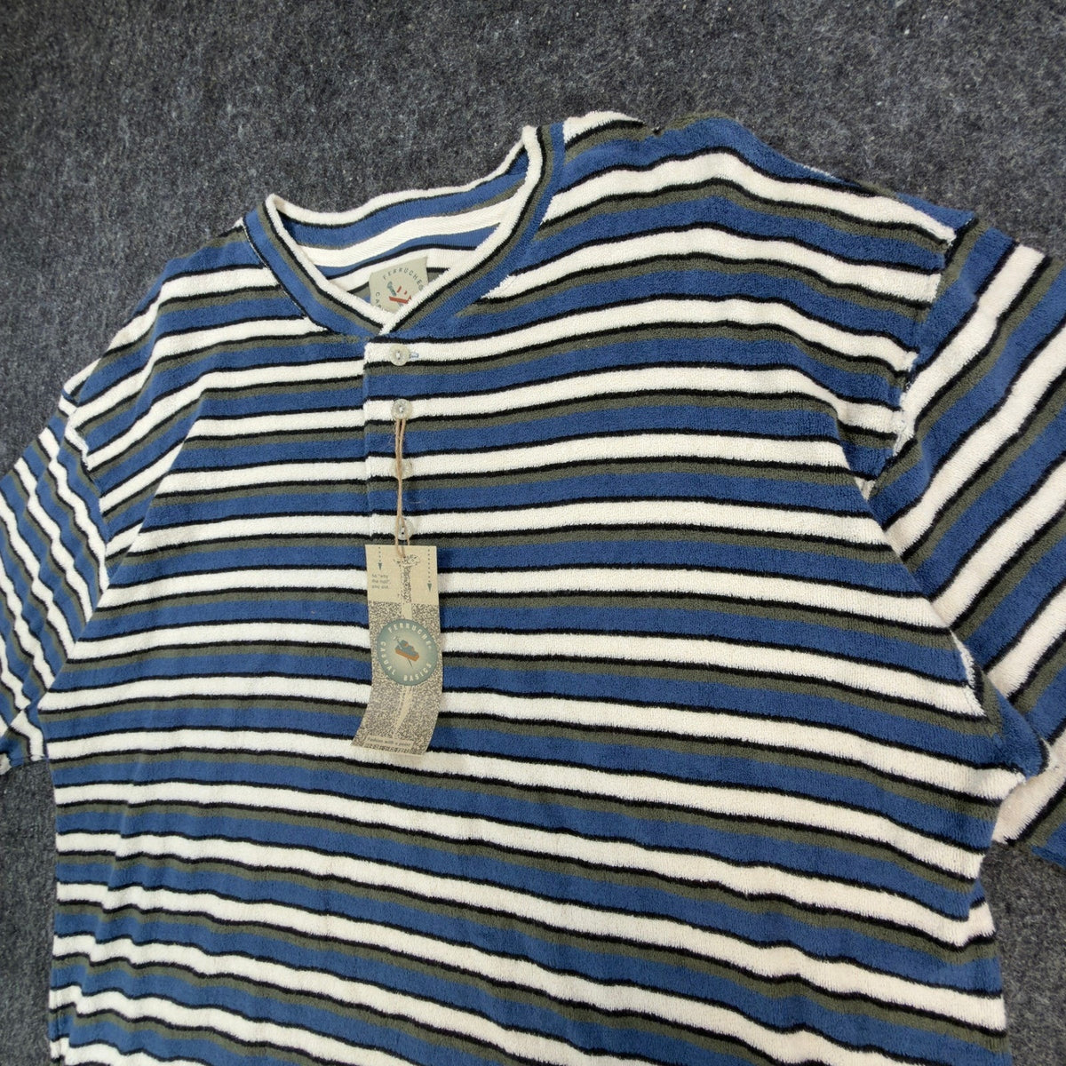 Ferruche Henley Shirt Mens Large Vintage 90s Indigo Blue Striped Cotton Terry