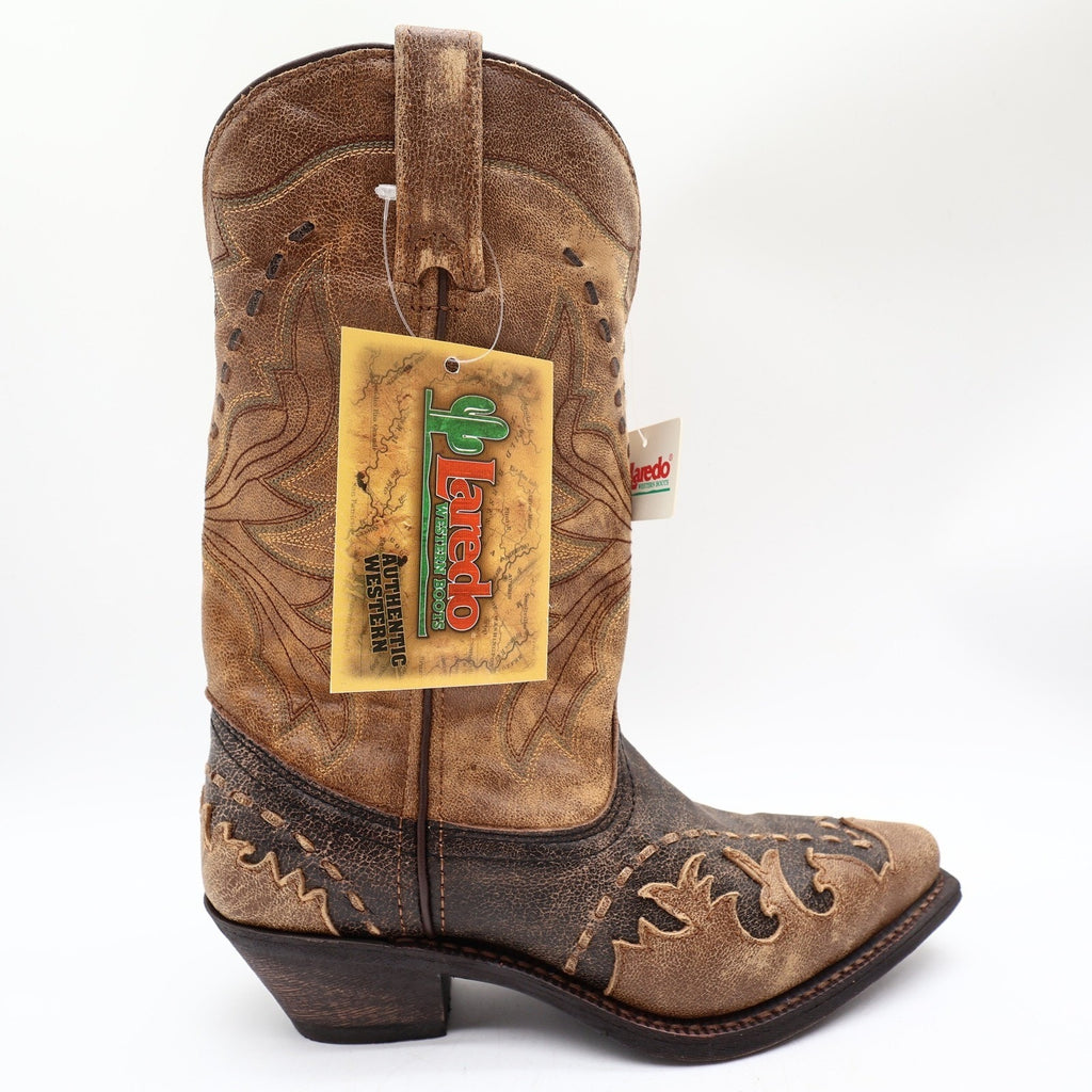 Laredo Western Cowboy Boots Women 7.5 M Black Tan Laced Tip Leather NWT
