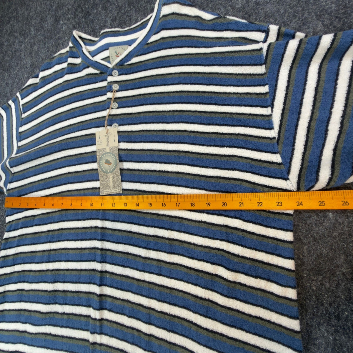 Ferruche Shirt Mens XL Henley Striped Short Sleeve Towel Terry Knit Blue NWT