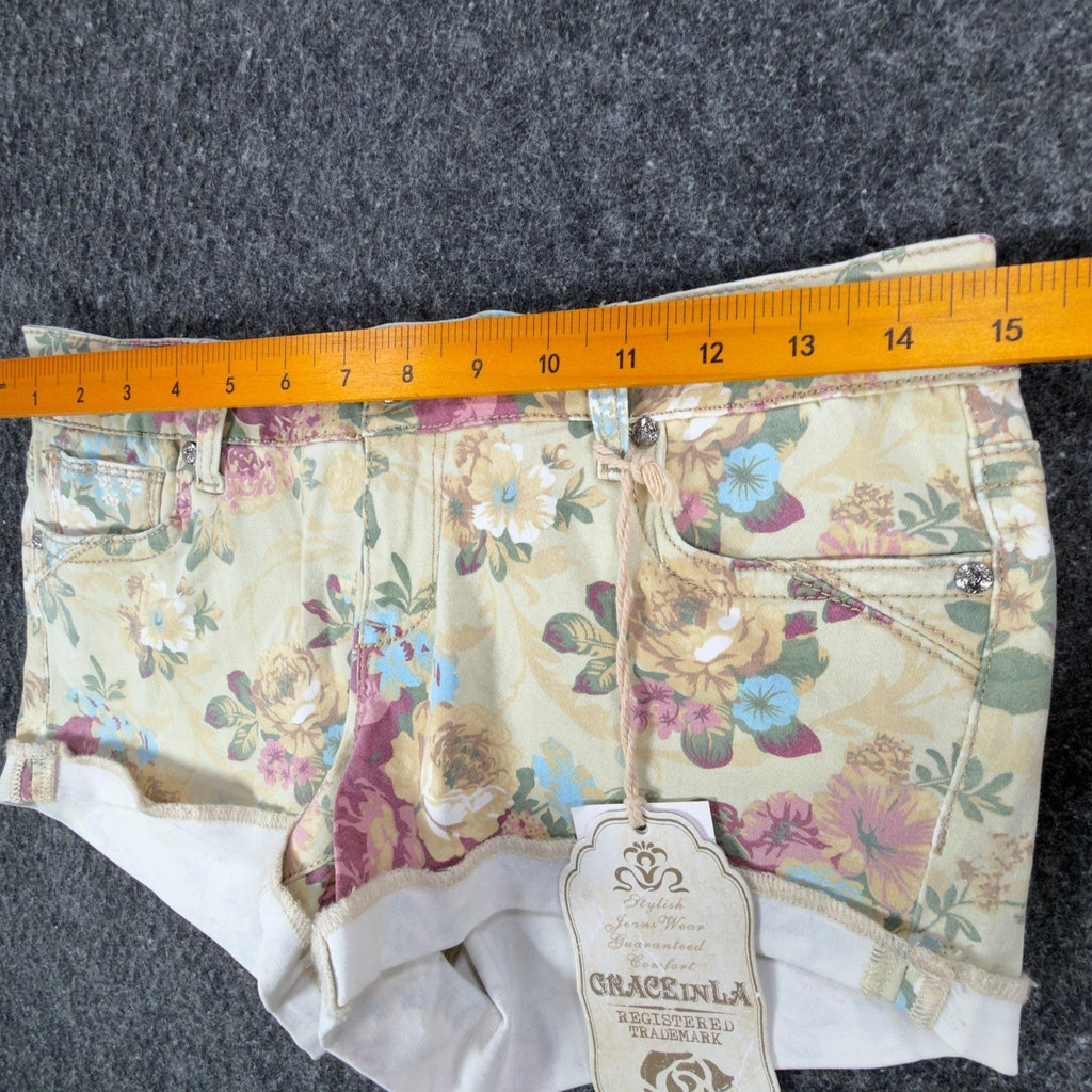 Grace in LA Modern Floral Denim Shorts Juniors 7/27 Yellow NWT