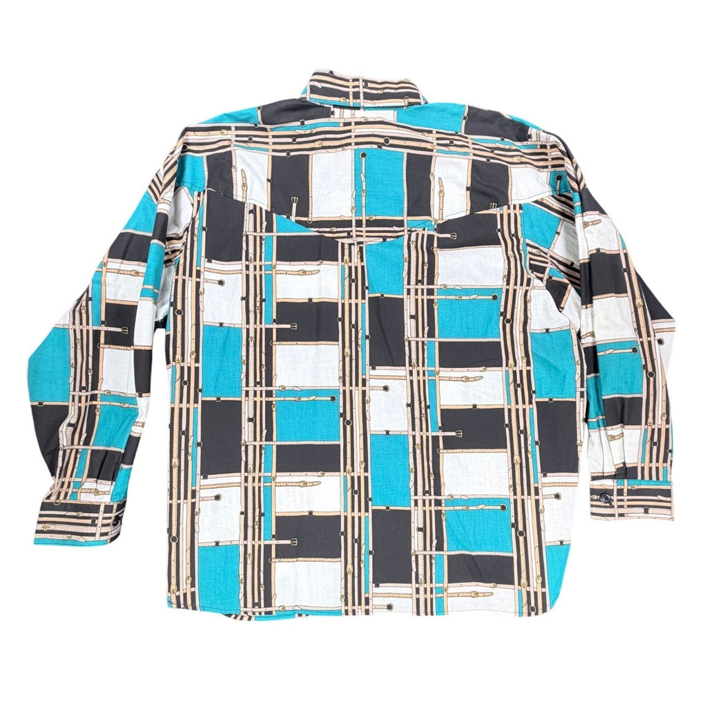 Maria O Design Vintage 90s Western Shirt Womens 3X Teal Cotton Equestrian Print - take2supply