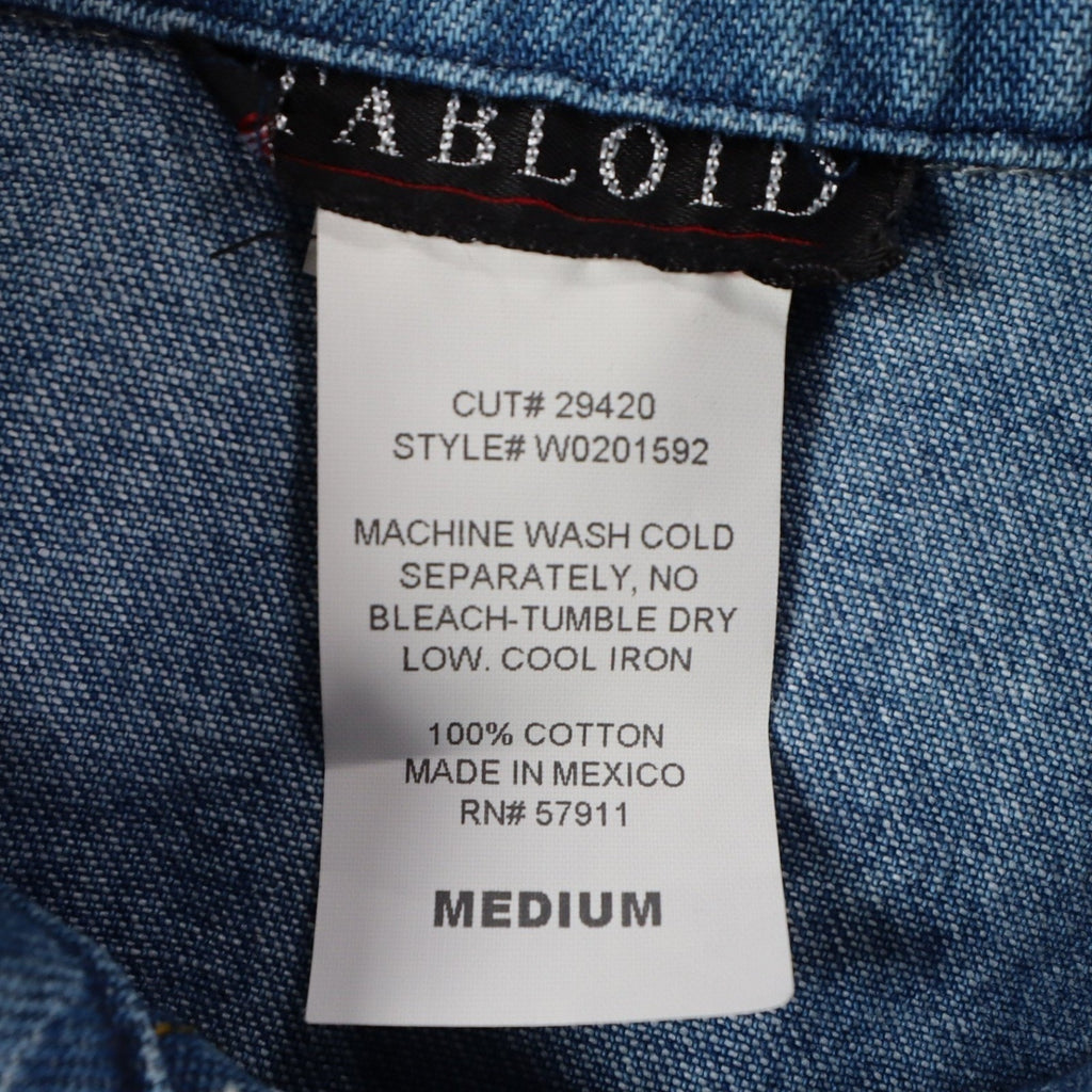 Tabloid Denim Jacket Womens Medium Y2K Blue Cotton USA Flag Graphic NWT
