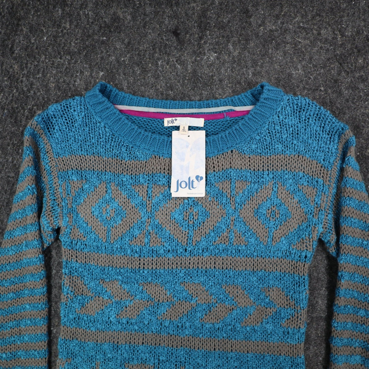 Jolt Sweater Womens Small Blue Gray Geometric Aztec Stripe Knit JS142YJZ NWT