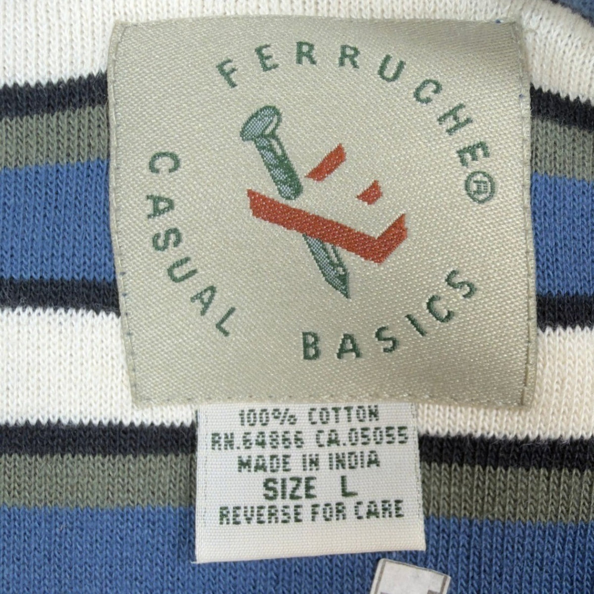 Ferruche Henley Shirt Mens Large Vintage 90s Indigo Blue Striped Cotton Terry