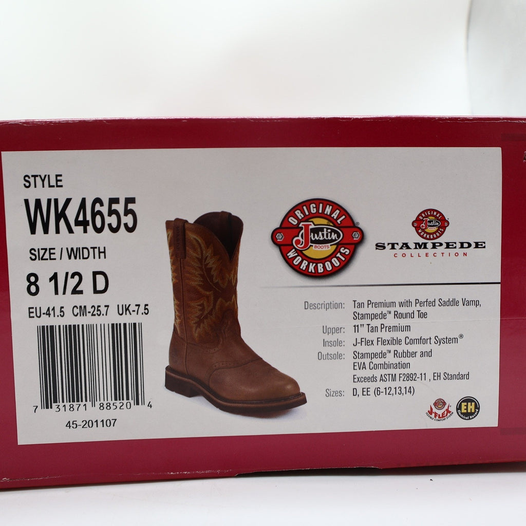 Justin Modern Stampede Work Boots Mens 8.5 D Tan Leather Western NWT Box WK4655