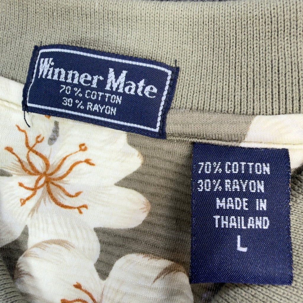 Winner Mate Polo Shirt Mens Large Vtg Floral Cotton Rayon Olive Green Deadstock