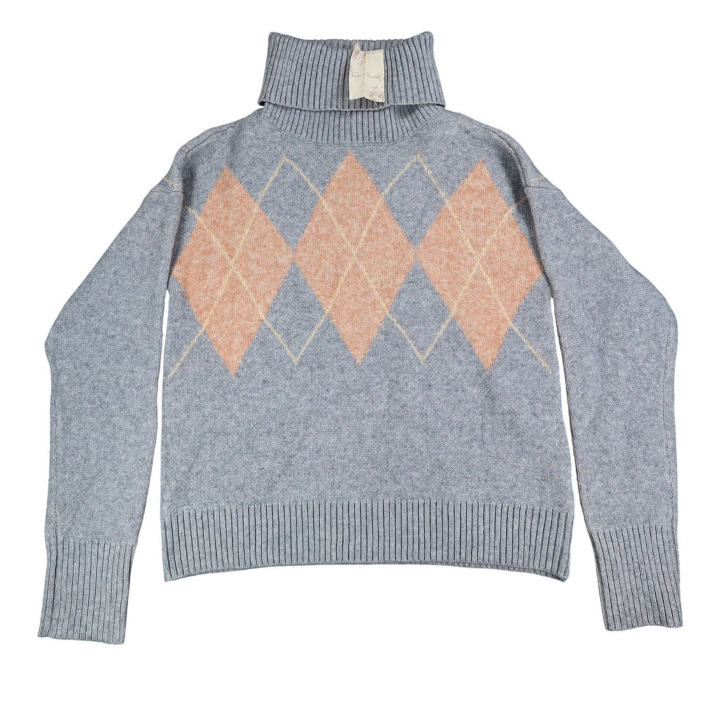 Hem & Thread Argyle Turtleneck Sweater Womens Small Grey Orange Knit 30984 NWT