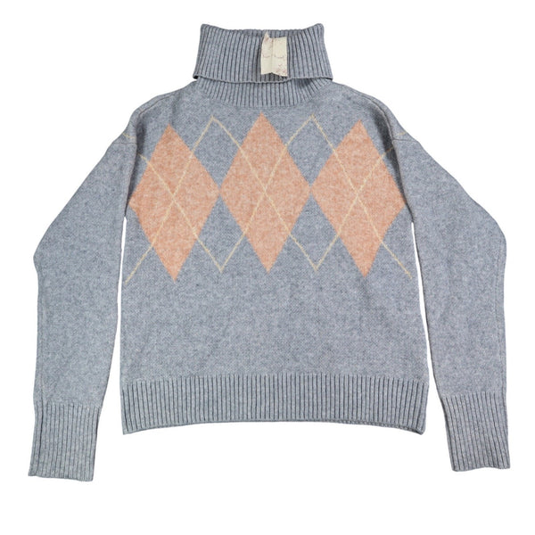 Hem & Thread Argyle Turtleneck Sweater Womens Small Grey Orange Knit 30984 NWT