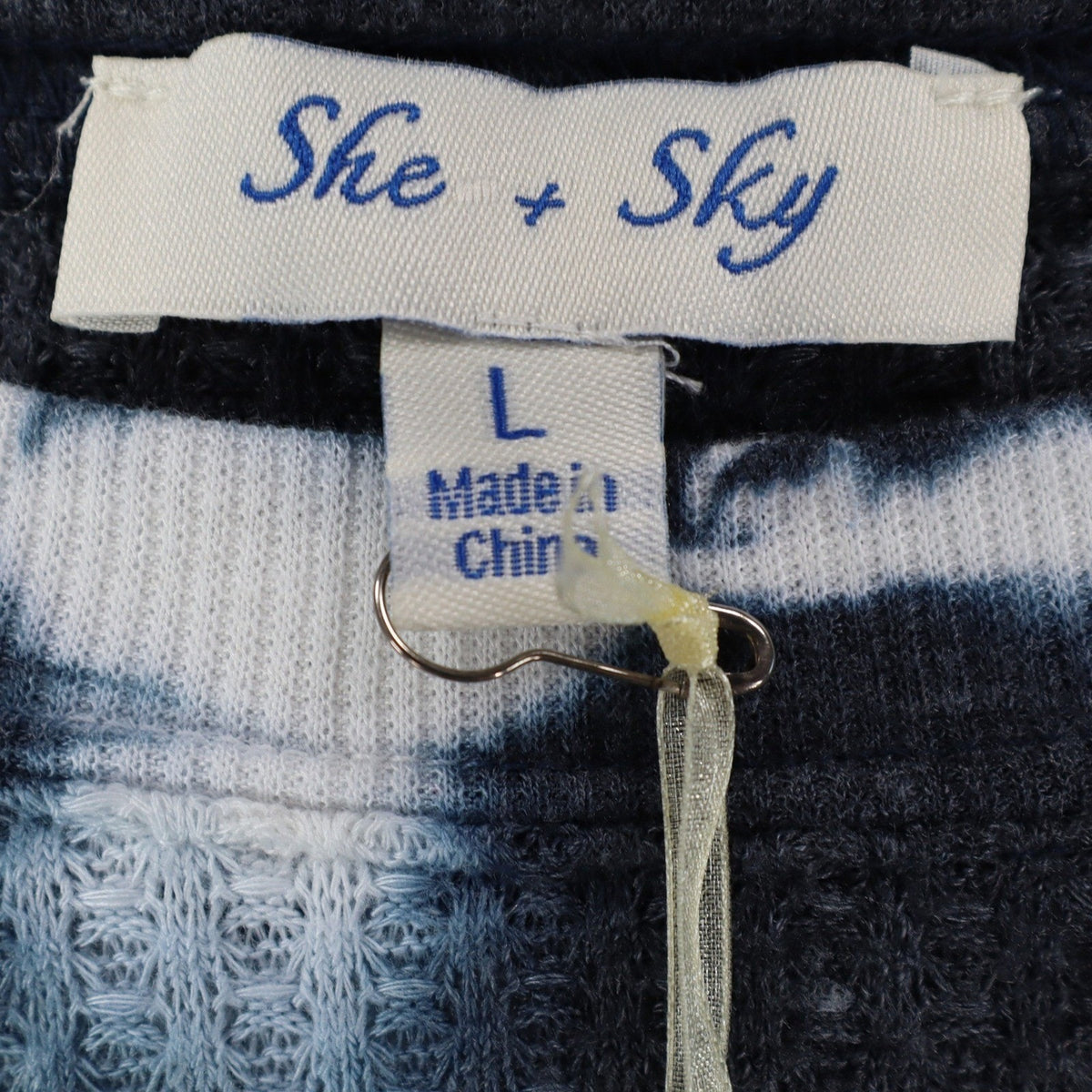 She + Sky Waffle Knit Top Womens Large Blue White Tie Dye Thermal Long Sleeve