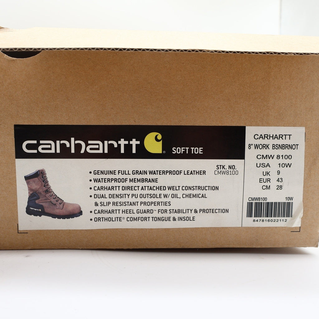 Carhartt Work Boots Mens 10 W Brown Leather Waterproof 8" Lace Up CMW8100 NIB
