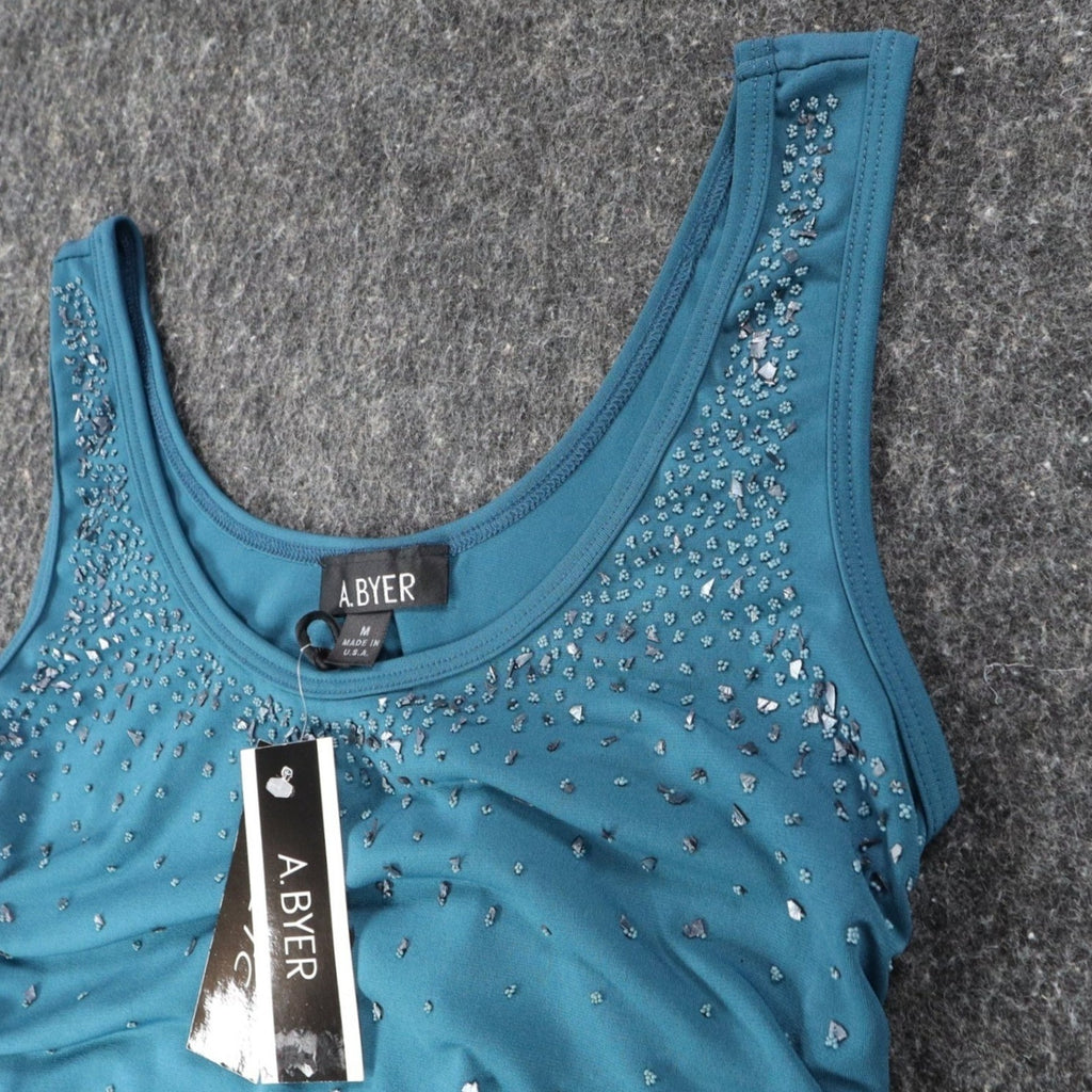A. Byer Tank Top Womens Medium Y2K Teal Blue Ruched Beaded Stretch C799