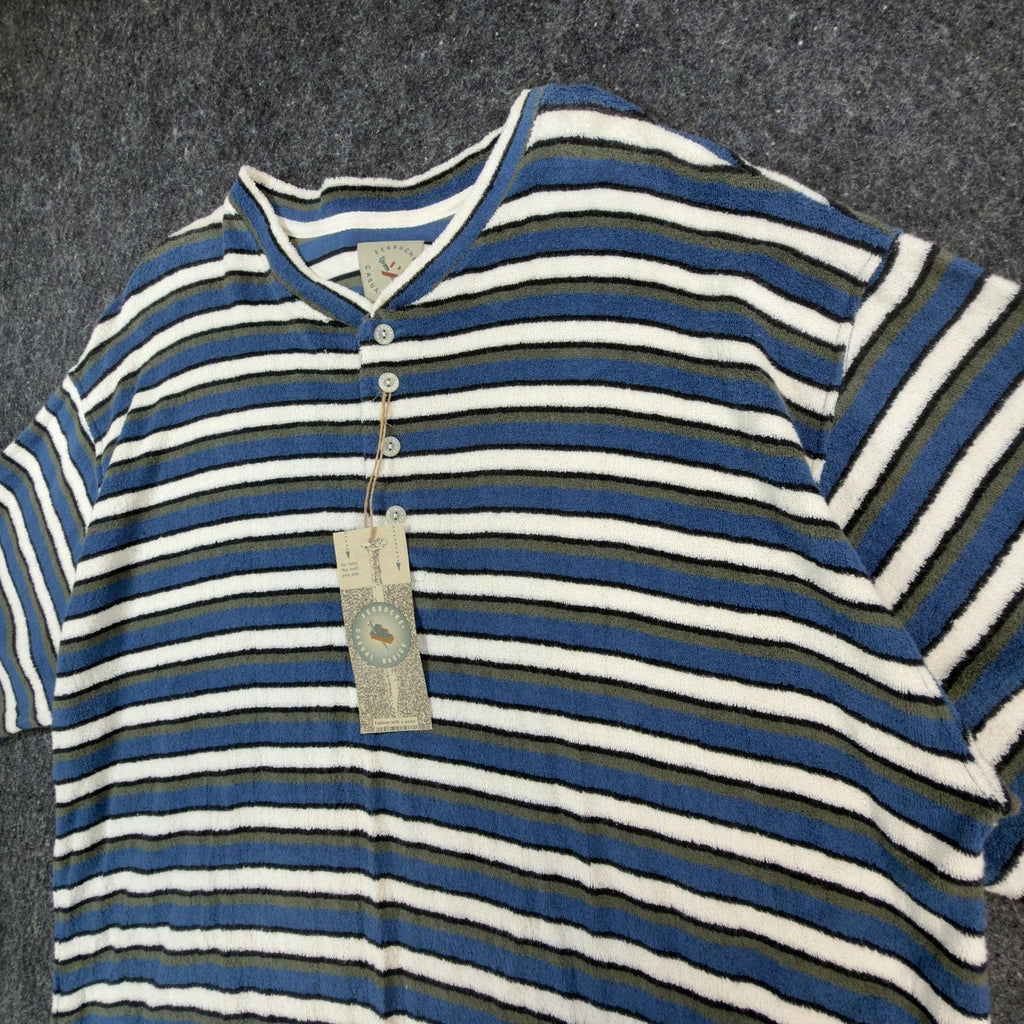 Ferruche Shirt Mens XL Henley Striped Short Sleeve Towel Terry Knit Blue NWT