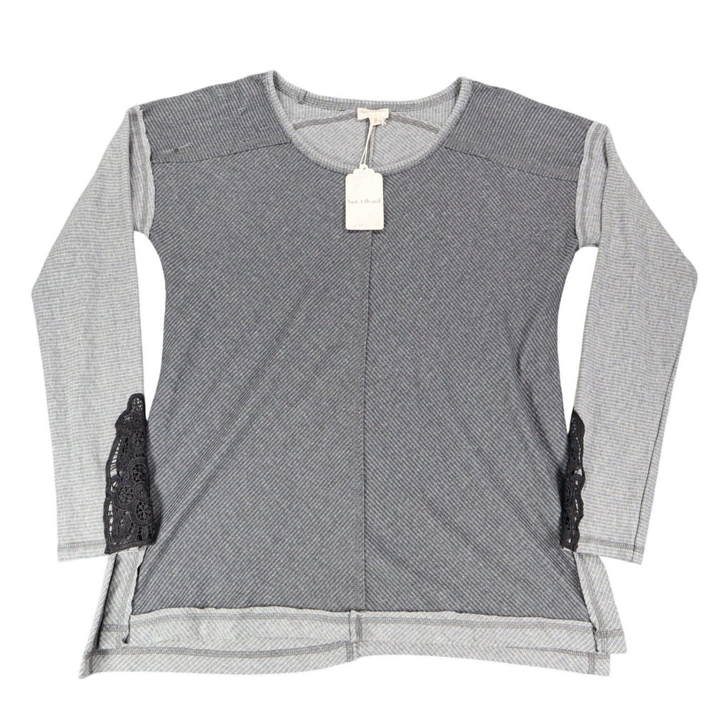 Hem & Thread Top Womens Medium Gray Ribbed Knit Lace Detail Long Sleeve New