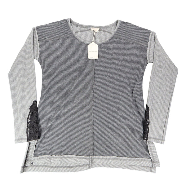 Hem & Thread Top Womens Medium Gray Ribbed Knit Lace Detail Long Sleeve New