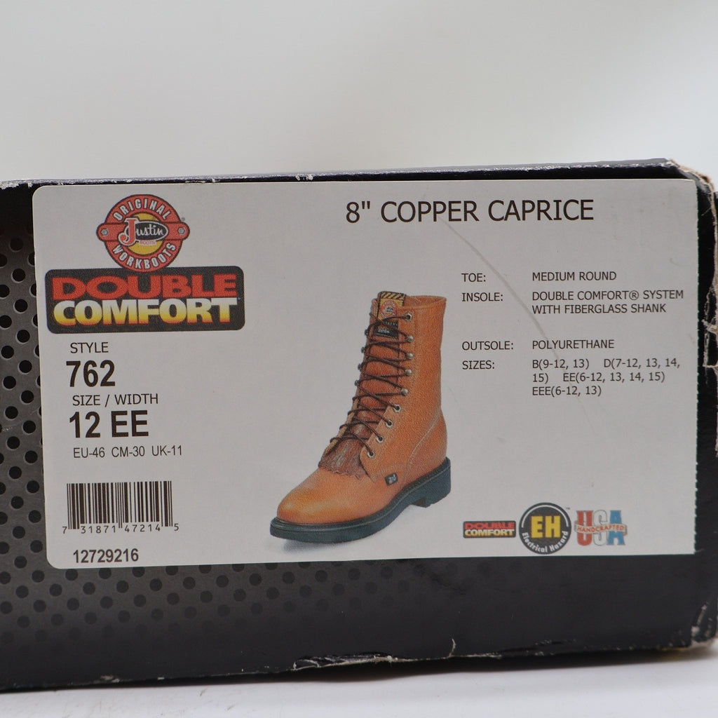 Justin Work Boots Mens 12 EE 8" Copper Caprice Leather USA Made 762 New
