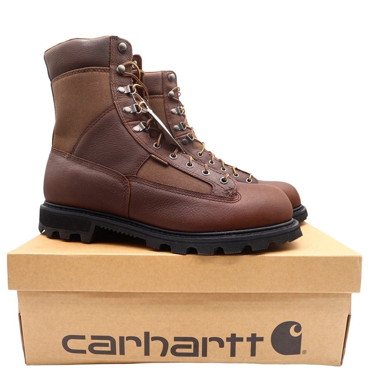 Carhartt 8-inch brown leather and canvas logger boots on original Carhartt box