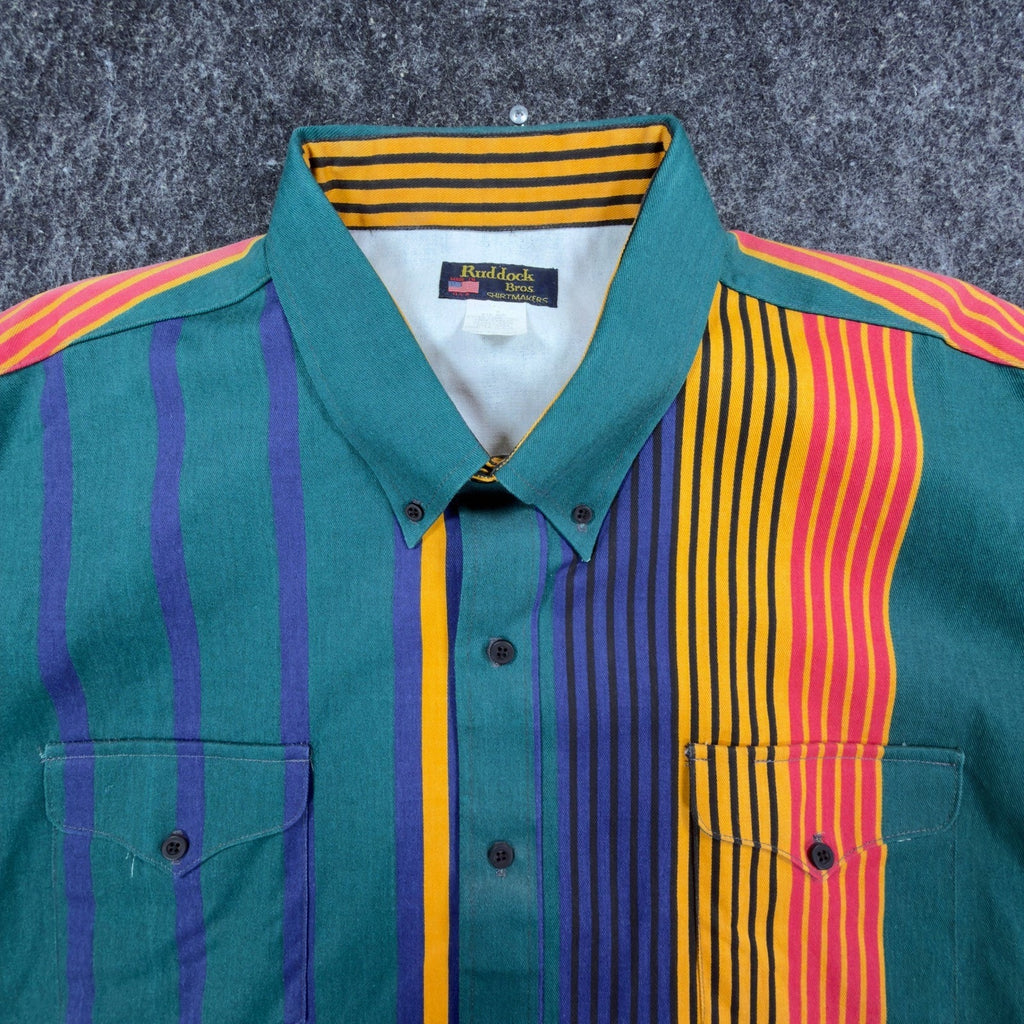 Ruddock Bros Vintage Western Shirt Mens 18.5 Green Striped Cotton Excellent