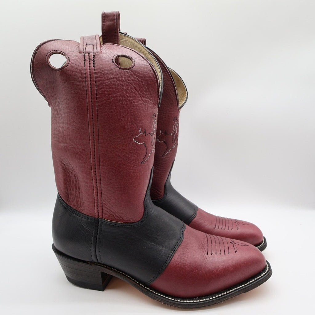 Pair of Double-H 1102 two-tone burgundy and black leather cowboy boots, side view