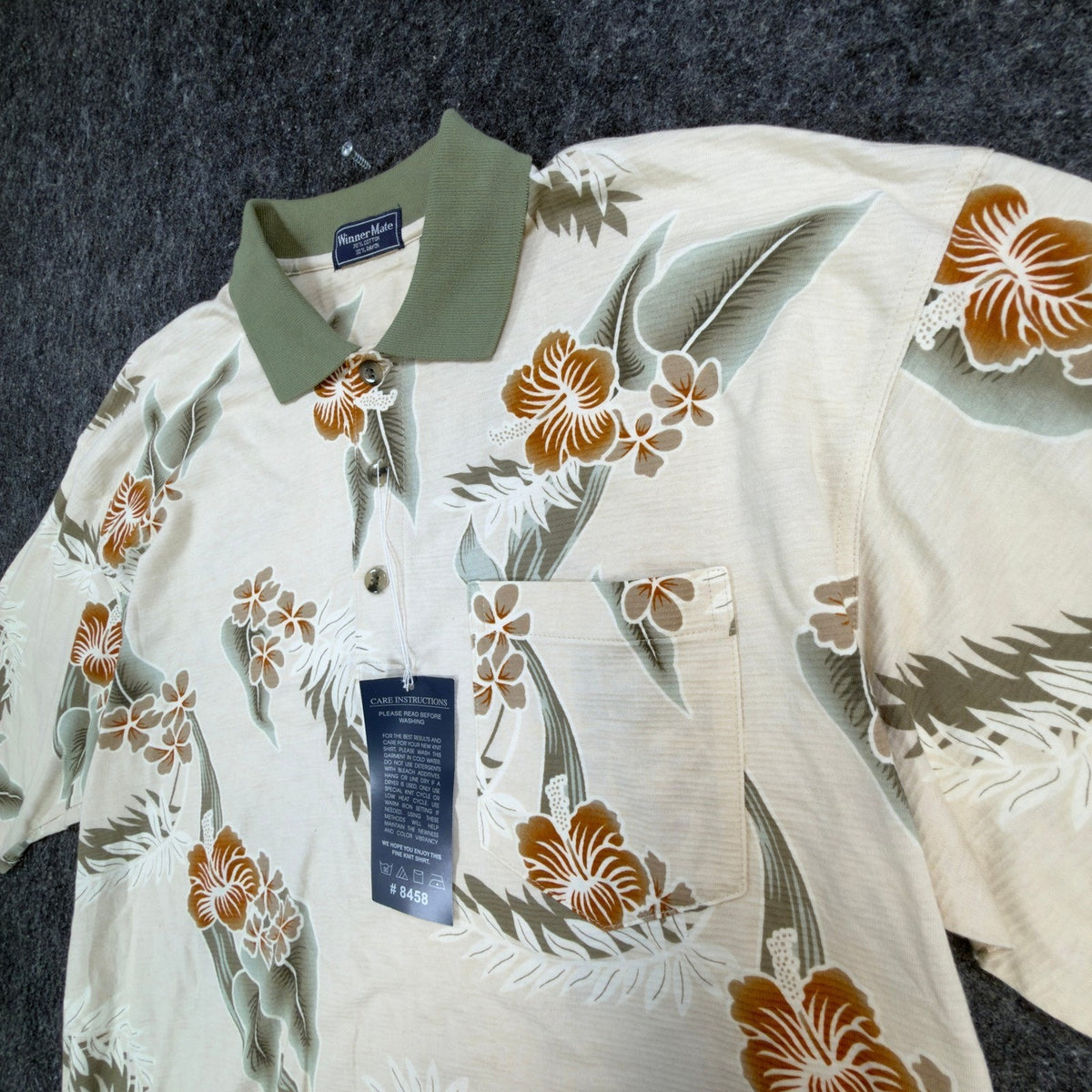 Winner Mate Polo Shirt Mens M Y2K Beige Cotton Rayon Tropical Floral Hibiscus