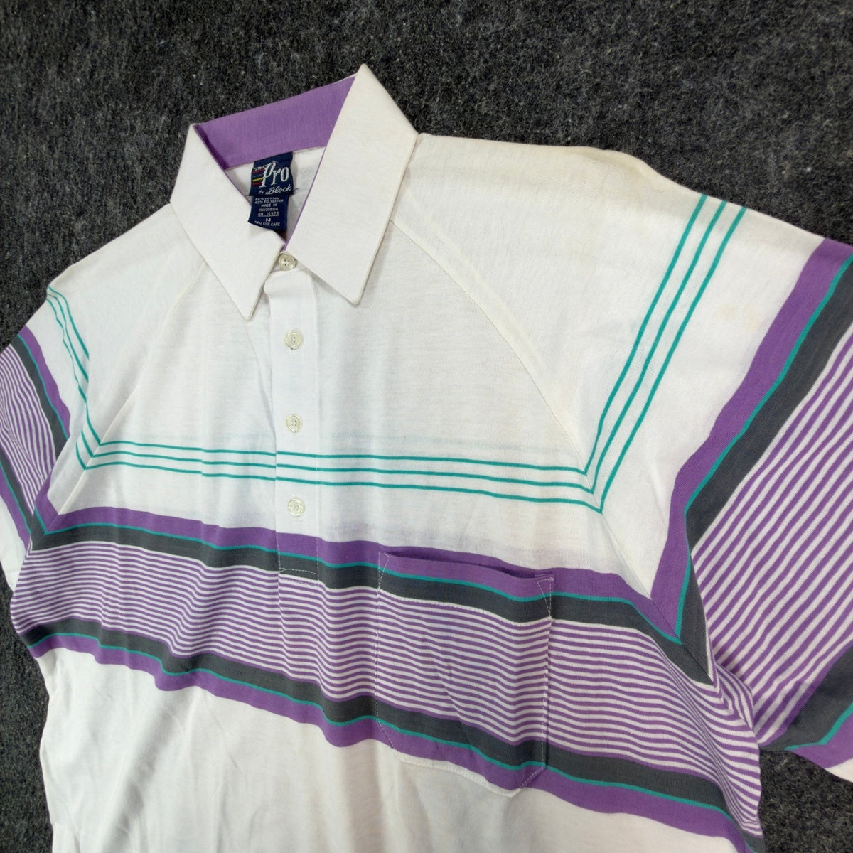 The Pro by Block Polo Shirt Mens Medium Vintage 90s White Purple Striped Pocket