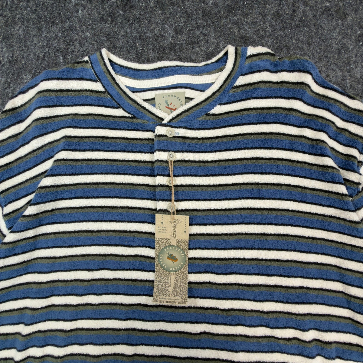 Ferruche Henley Shirt Mens Large Vintage 90s Indigo Blue Striped Cotton Terry