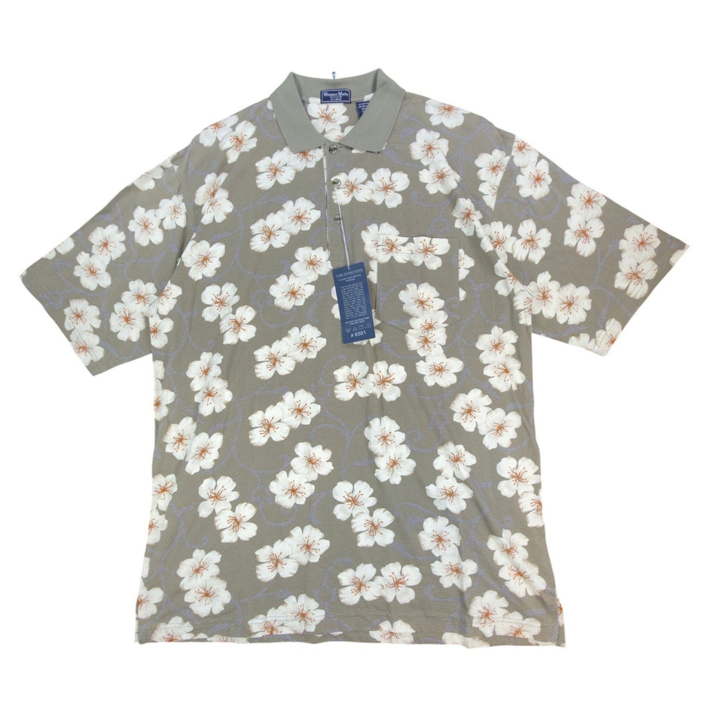 Winner Mate Polo Shirt Mens Large Vtg Floral Cotton Rayon Olive Green Deadstock