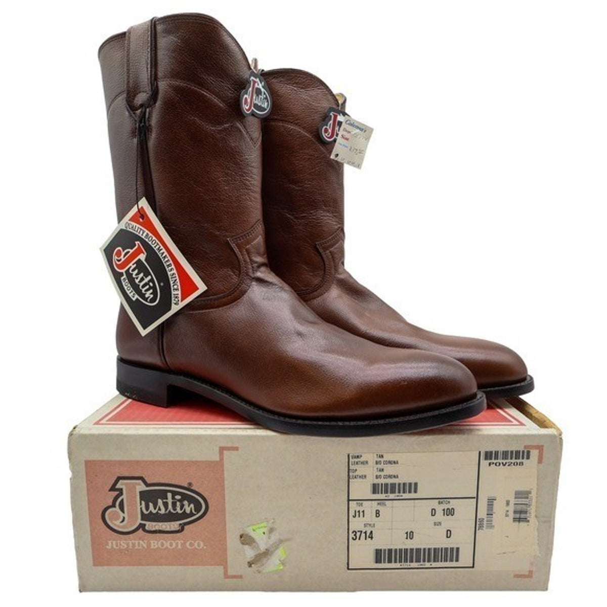 Justin Boots Mens 10D Roper Tan Corona Leather Vintage USA Western 3714 NWT - take2supply