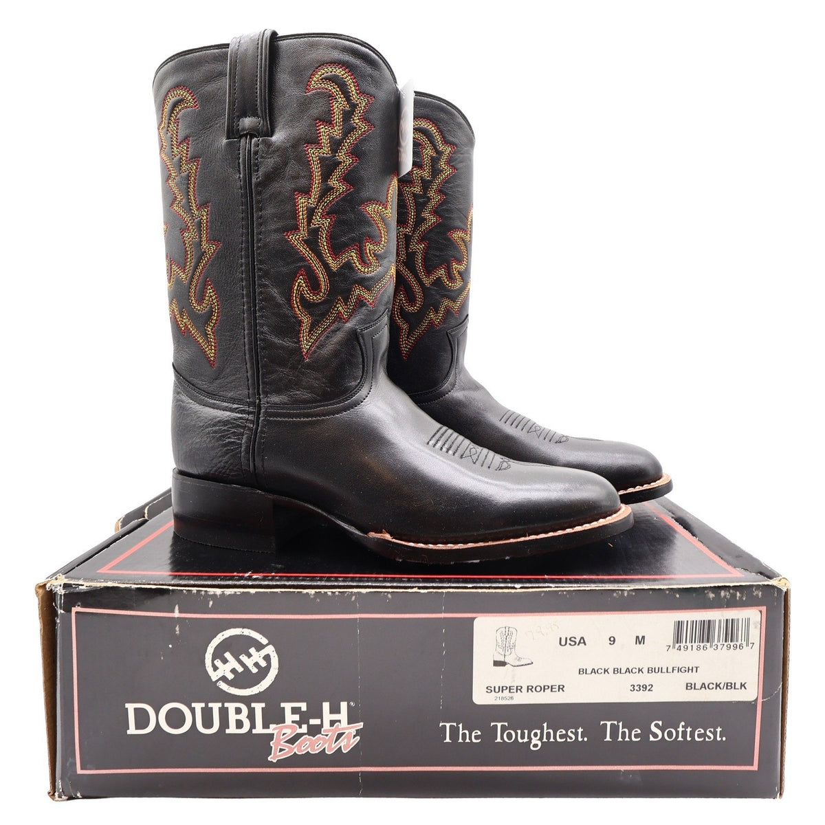 Vintage Double-H Men's 9M Black Bullfight Leather Super Roper Boots 3392 NWB