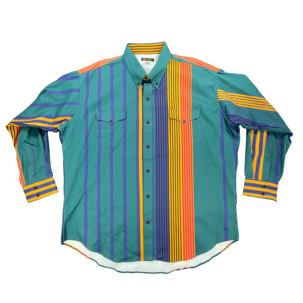 Ruddock Bros Vintage Western Shirt Mens 18.5 Green Striped Cotton Excellent