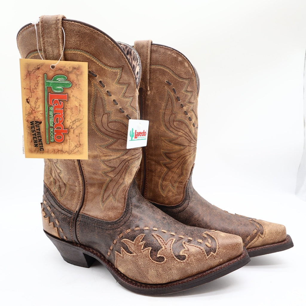 Laredo Western Cowboy Boots Women 9.5 M Black Tan Laced Tip Leather NWT