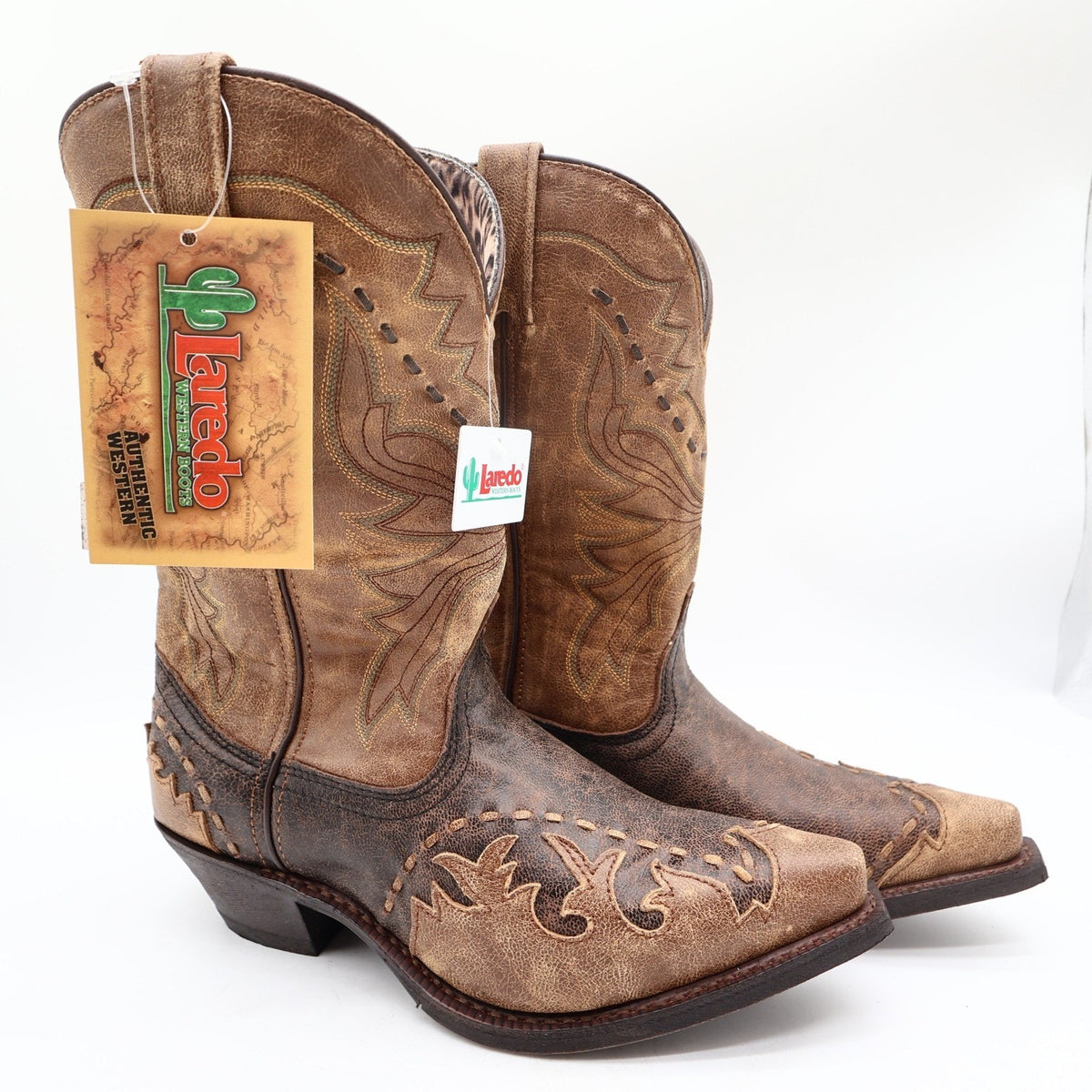 Laredo Western Cowboy Boots Women 9.5 M Black Tan Laced Tip Leather NWT