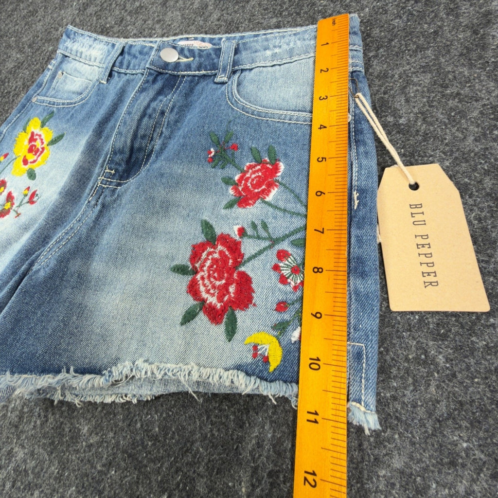 Blu Pepper Modern Floral Embroidered Denim Shorts Womens S Blue NWT