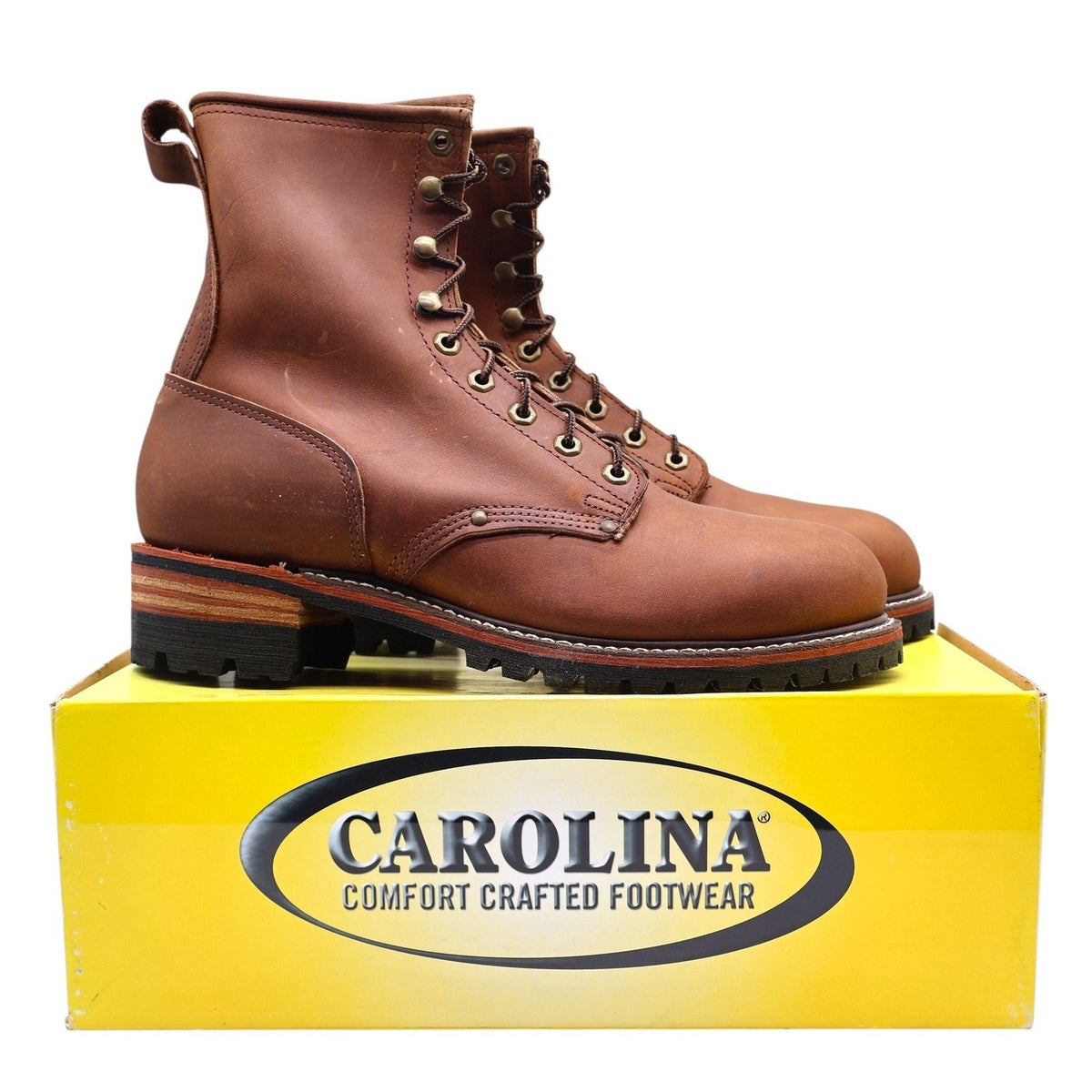 Carolina CA5821 brown leather logger boots with lug soles on original yellow Carolina box