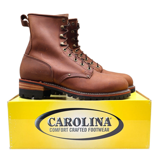 Carolina CA5821 brown leather logger boots with lug soles on original yellow Carolina box