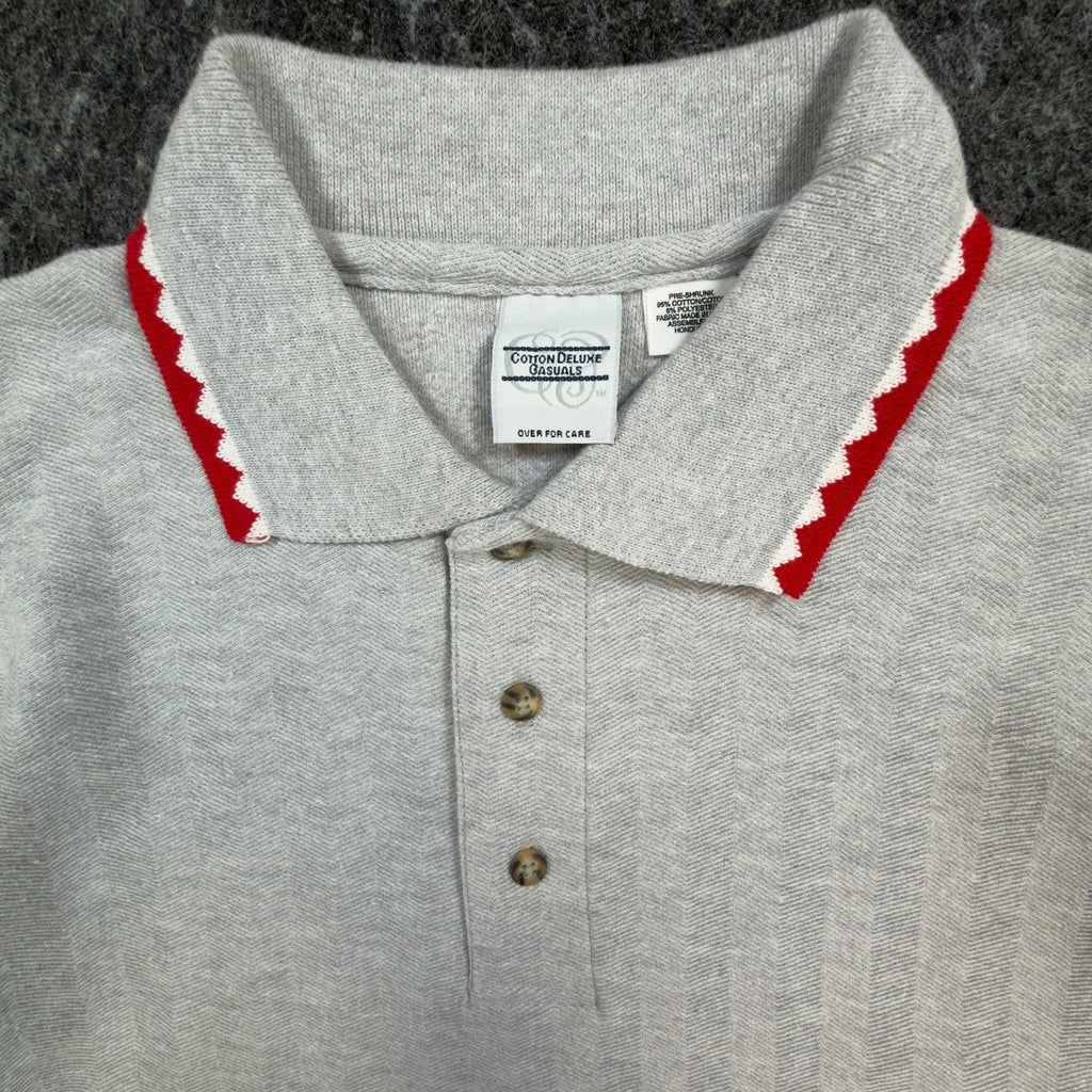 Cotton Deluxe Casuals Polo Shirt Mens Large Vtg 90s Gray Cotton Zigzag Trim