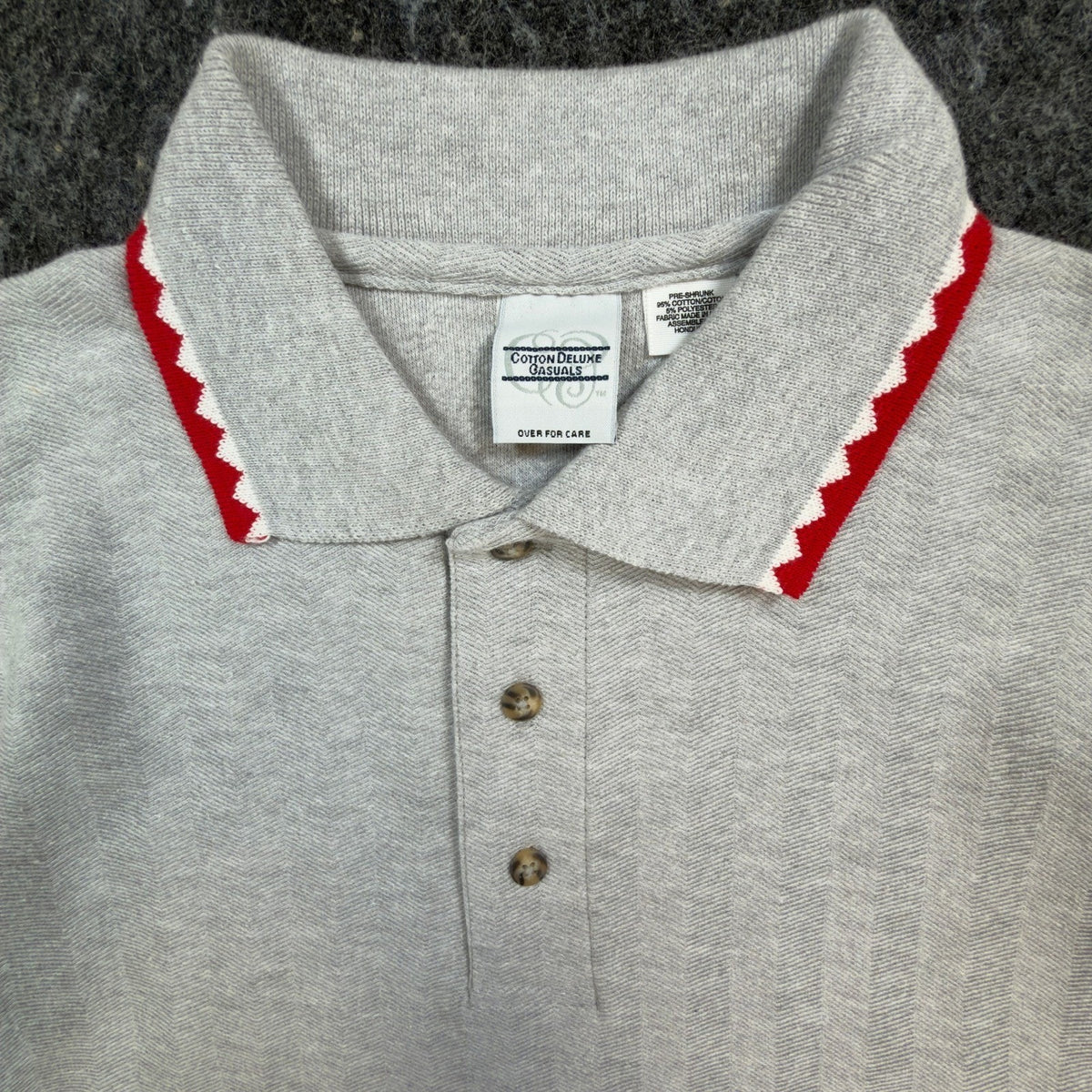Cotton Deluxe Casuals Polo Shirt Mens Large Vtg 90s Gray Cotton Zigzag Trim
