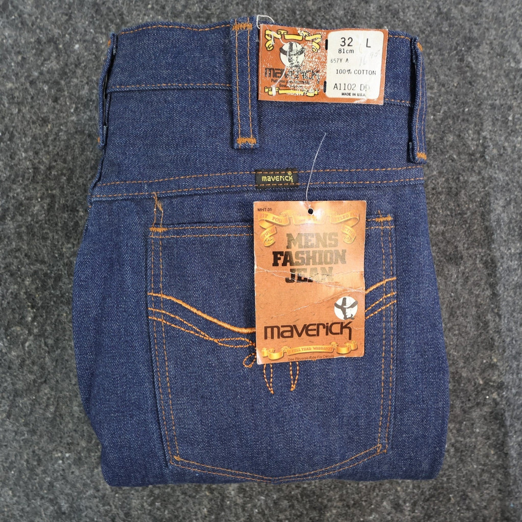Maverick Vintage 70s Jeans Mens 32L Blue Cotton Denim Made in USA NOS NWT - take2supply