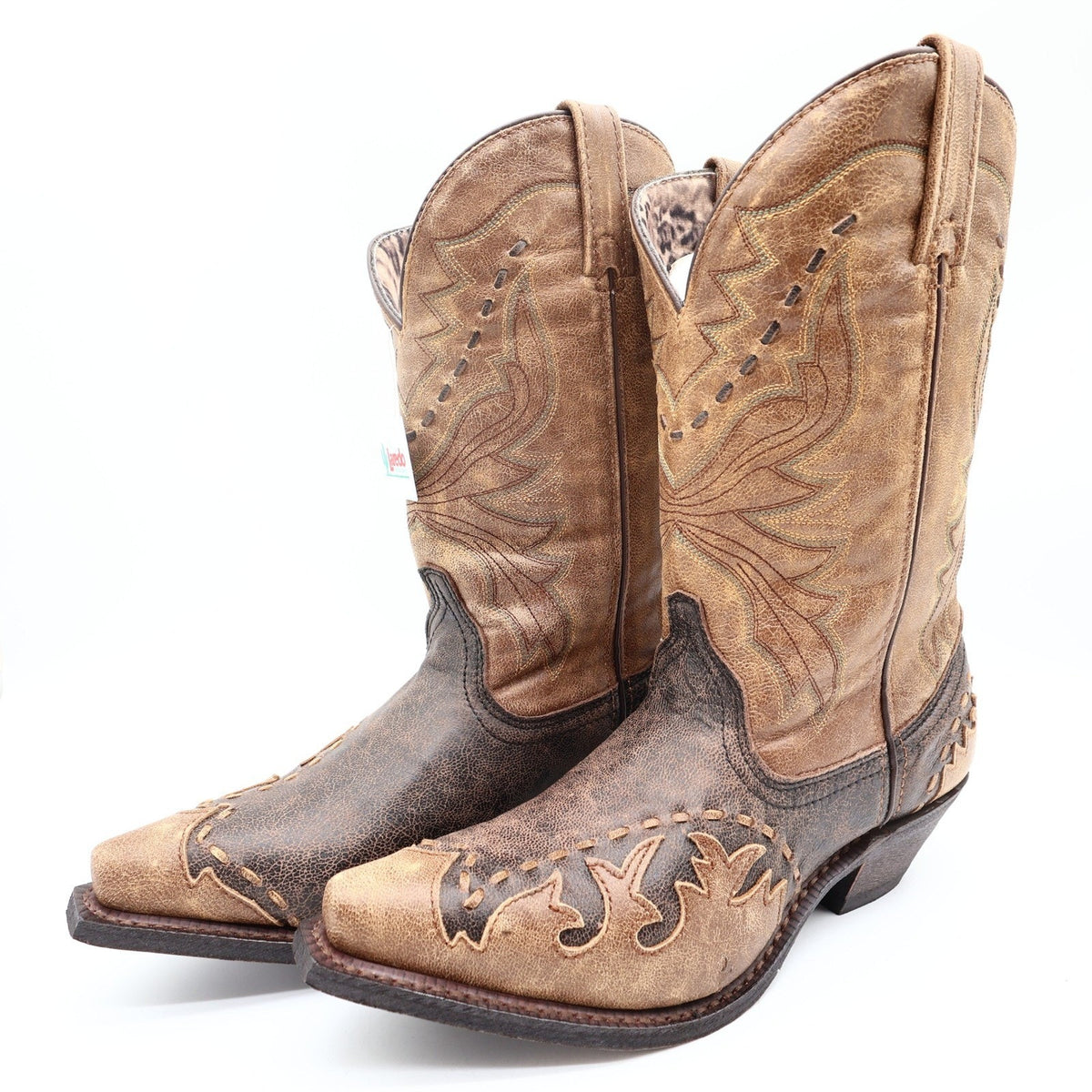 Laredo Western Cowboy Boots Women 9.5 M Black Tan Laced Tip Leather NWT