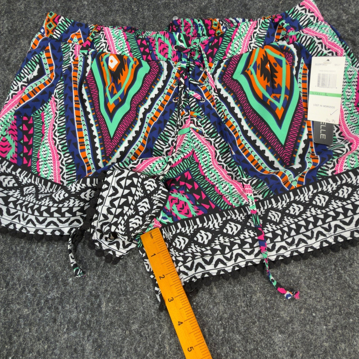 My Michelle Tribal Shorts NWT Womens L Multicolor Lace Up Pom Pom Hem