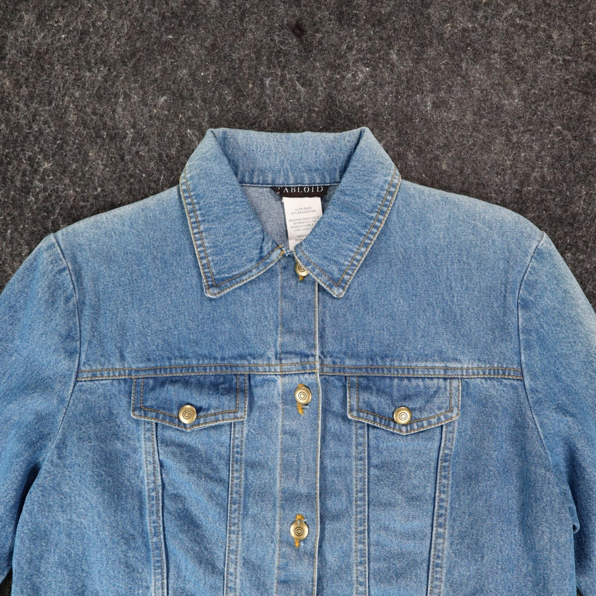 Tabloid Denim Jacket Womens Medium Y2K Blue Cotton USA Flag Graphic NWT