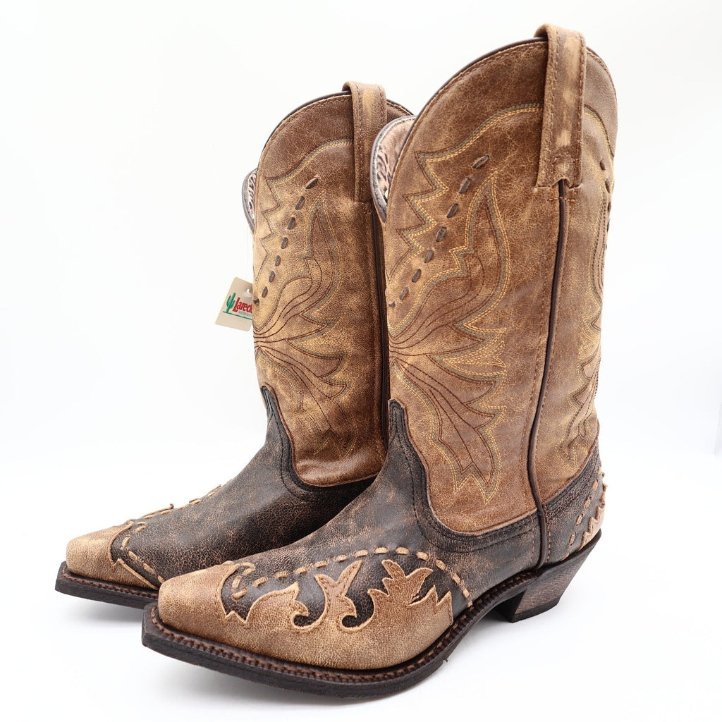 Laredo Western Cowboy Boots Women 7.5 M Black Tan Laced Tip Leather NWT