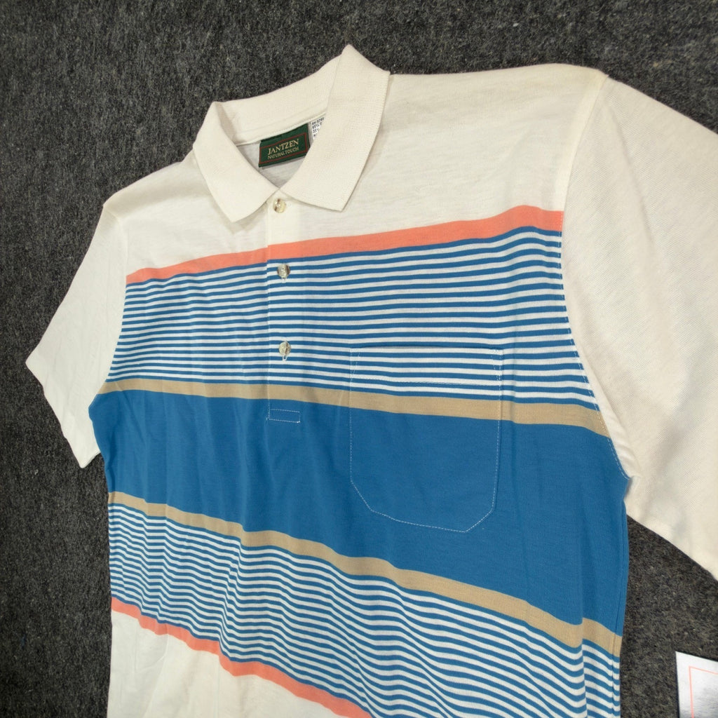 Jantzen Polo Shirt Mens Small Vintage 90s Mallard Blue Striped Pocket Deadstock