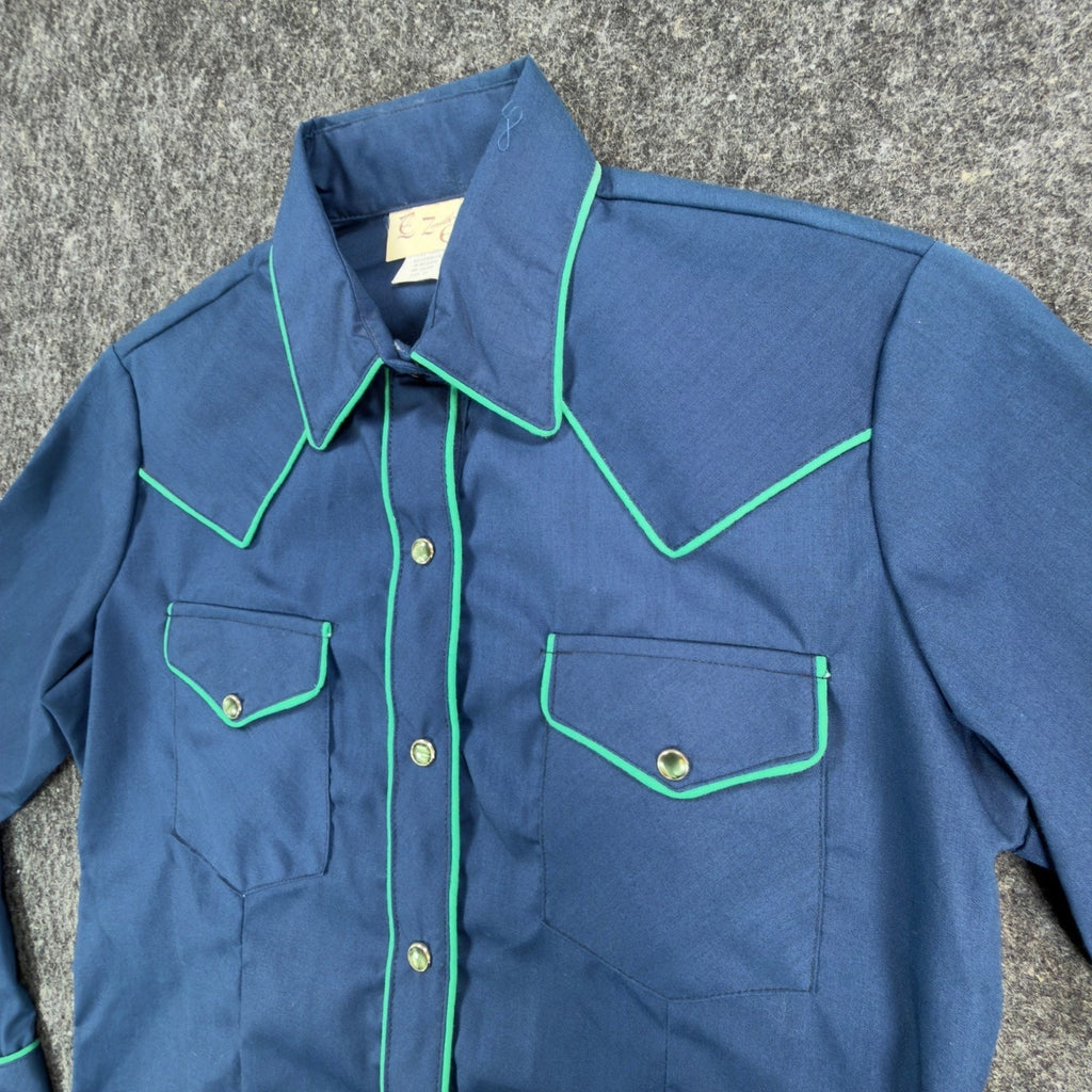 Zenith Evans Vintage 80s Shirt Womens 10 Blue Western Pearl Snap Green Piping