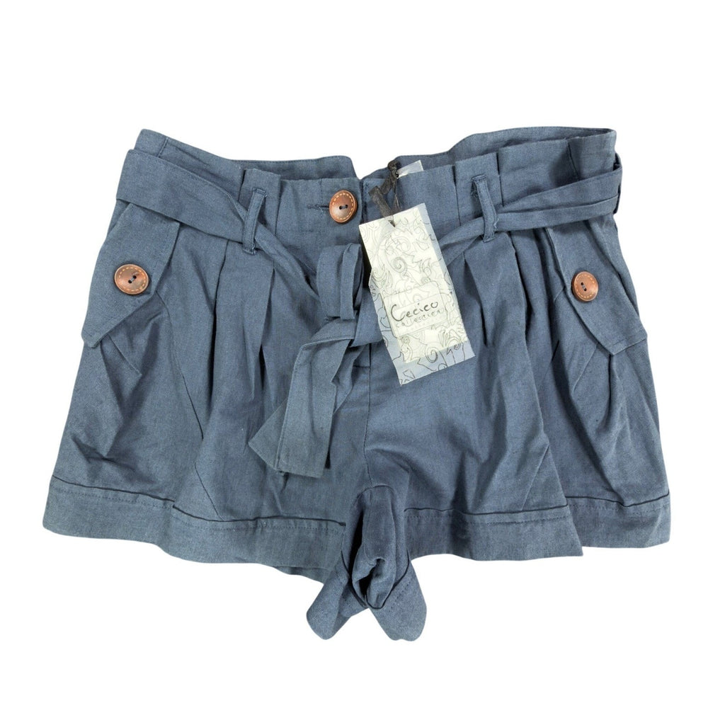 Cecico Modern Paperbag Shorts Womens M Blue Linen Cotton NWT