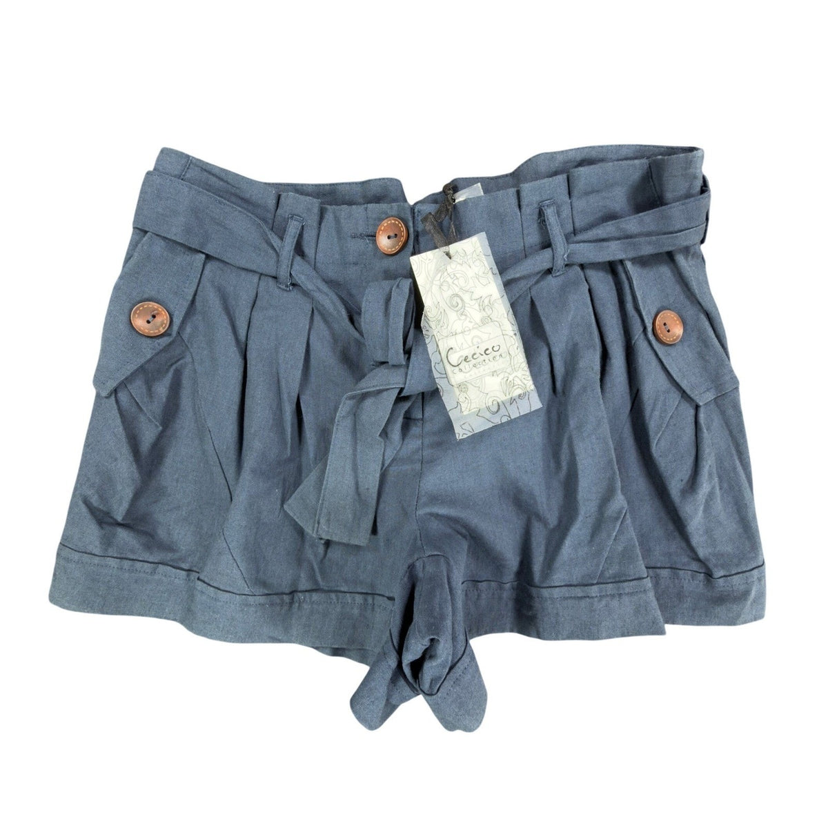 Cecico Modern Paperbag Shorts Womens M Blue Linen Cotton NWT