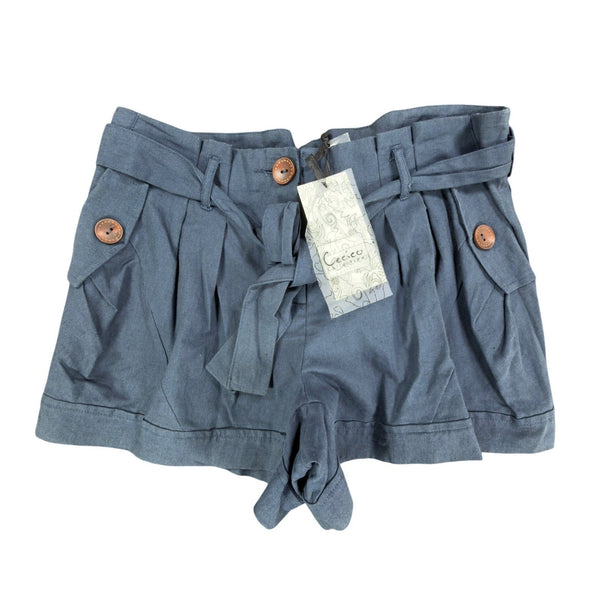 Cecico Modern Paperbag Shorts Womens M Blue Linen Cotton NWT